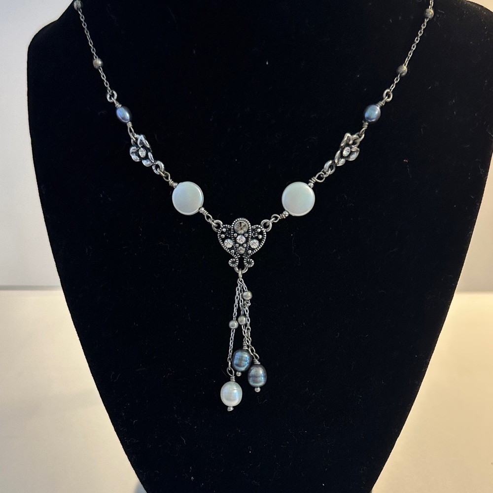 Lia Sophia Silver-Tone Heart Necklace with White and Gray Pearls